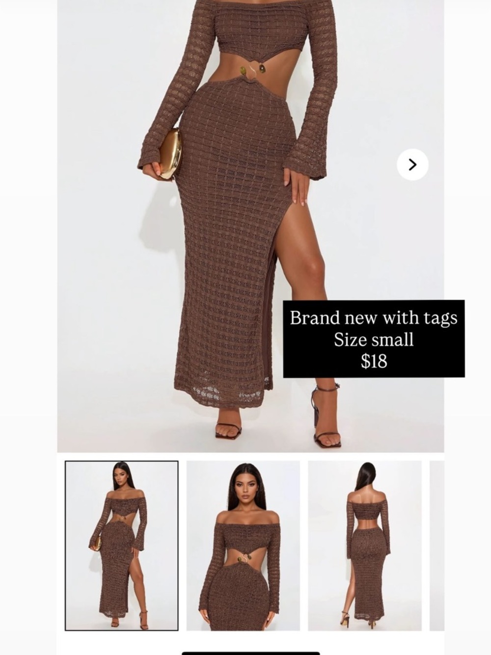 Fashion Nova Brown Crochet Maxi Skirt with Side Slit